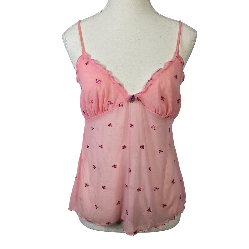 Victoria's Secret Pink Sheer Butterfly Camisole L Sheer Mesh Ruffle Trim 2004